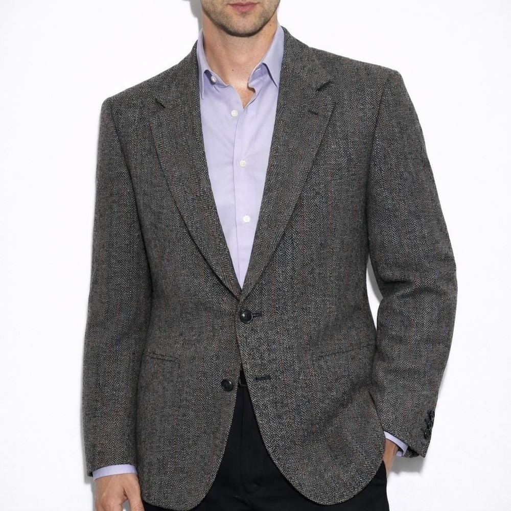 70s Vintage Levis Herringbone Blazer Mens 40R Gray Blue Pinstripe Slim Fit Mod